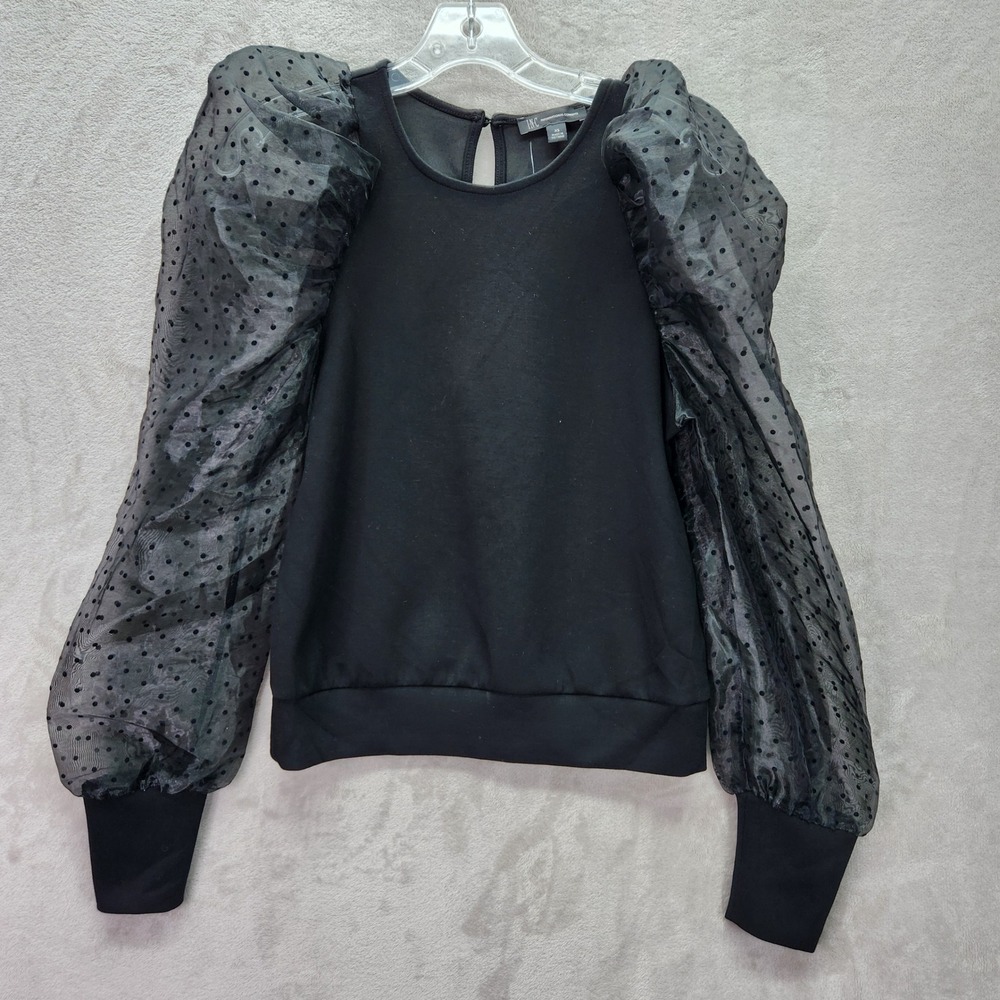 INC International Concepts Blouse Womens XS Black Puff Sleeve Polka Dot Mesh Top